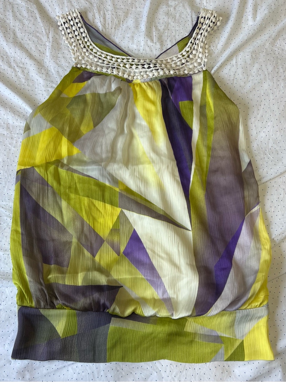 BCX Lime Yellow Purple Abstract Sleeveless Blouse with Crochet Neckline